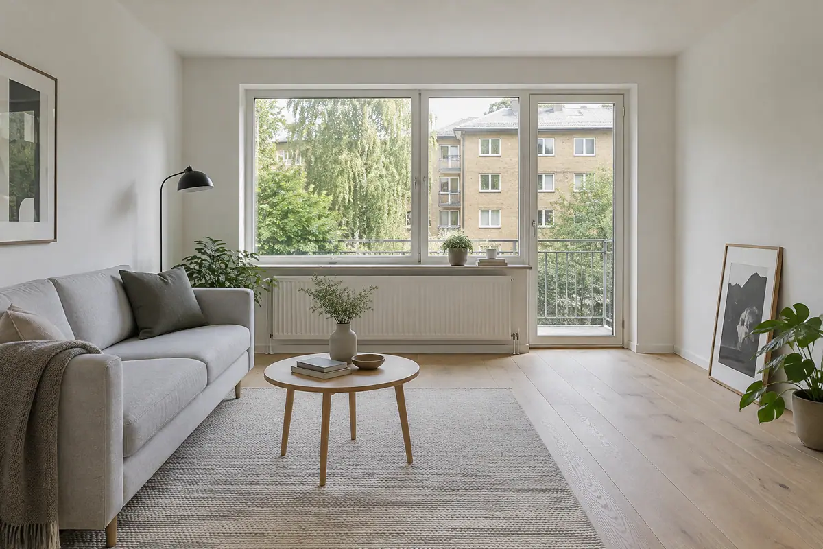 Moderne dansk lejlighed efter renovering med nyt egetræsgulv og nymalede vægge